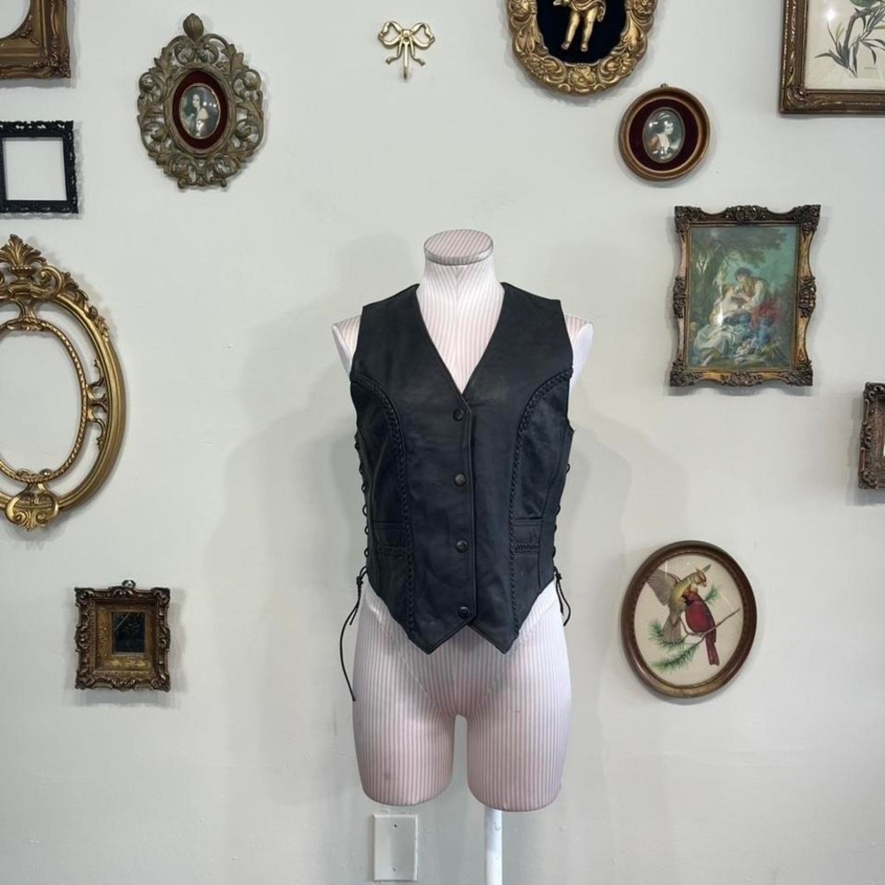 Vintage Black Leather Lace-Up Vest – Biker Western Fitted Waistcoat